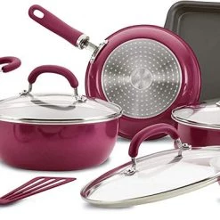 Rachael Ray Create Delicious Nonstick Cookware Pots And Pans Set, 13 Piece, Burgundy Shimmer