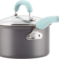 Rachael Ray Create Delicious Hard Anodized Nonstick Cookware Pots And Pans Set, 11 Piece, Gray With Light Blue Handles