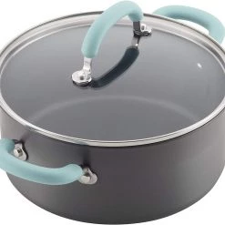 Rachael Ray Create Delicious Hard Anodized Nonstick Cookware Pots And Pans Set, 11 Piece, Gray With Light Blue Handles