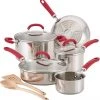 Rachael Ray Create Delicious 10 Piece Stainless Steel Cookware Set, Stainless Steel With Red Handles
