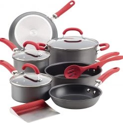 Rachael Ray Create Delicious Hard Anodized Nonstick Cookware Pots And Pans Set, 11 Piece, Gray With Red Handles