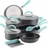 Rachael Ray Create Delicious Hard Anodized Nonstick Cookware Pots And Pans Set, 11 Piece, Gray With Light Blue Handles