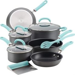 Rachael Ray Create Delicious Hard Anodized Nonstick Cookware Pots And Pans Set, 11 Piece, Gray With Light Blue Handles