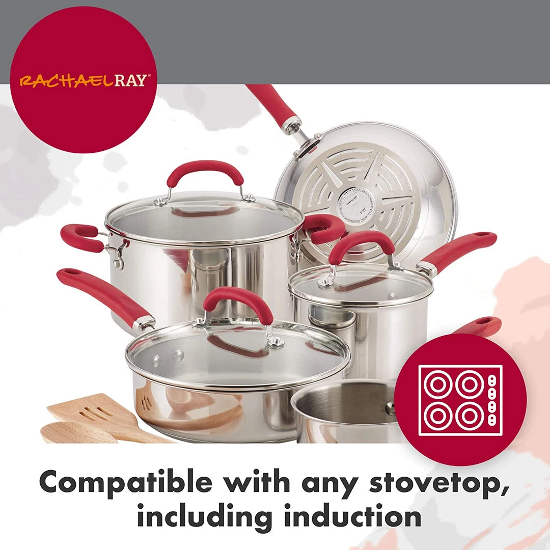 Rachael Ray Create Delicious 10 Piece Stainless Steel Cookware Set, Stainless Steel With Red Handles 5 Rachael Ray Create Delicious 10 Piece Stainless Steel Cookware Set, Stainless Steel With Red Handles