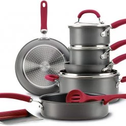 Rachael Ray Create Delicious Hard Anodized Nonstick Cookware Pots And Pans Set, 11 Piece, Gray With Red Handles