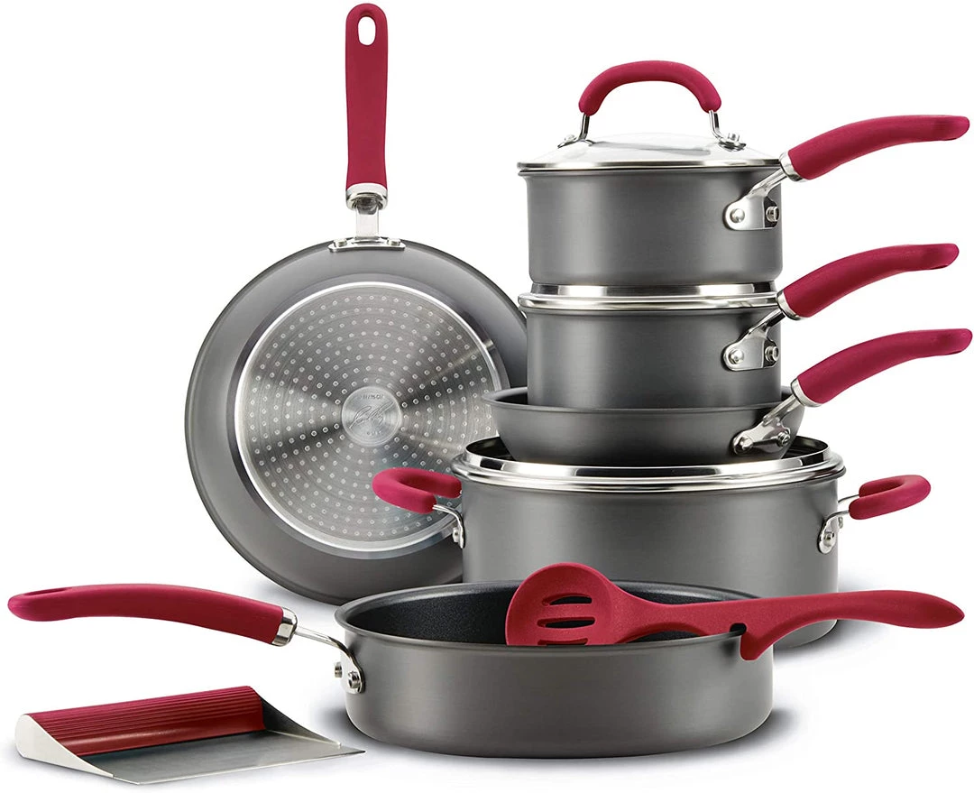 Rachael Ray Create Delicious Hard Anodized Nonstick Cookware Pots And Pans Set, 11 Piece, Gray With Red Handles 1 Rachael Ray Create Delicious Hard Anodized Nonstick Cookware Pots And Pans Set, 11 Piece, Gray With Red Handles