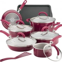 Rachael Ray Create Delicious Nonstick Cookware Pots And Pans Set, 13 Piece, Burgundy Shimmer