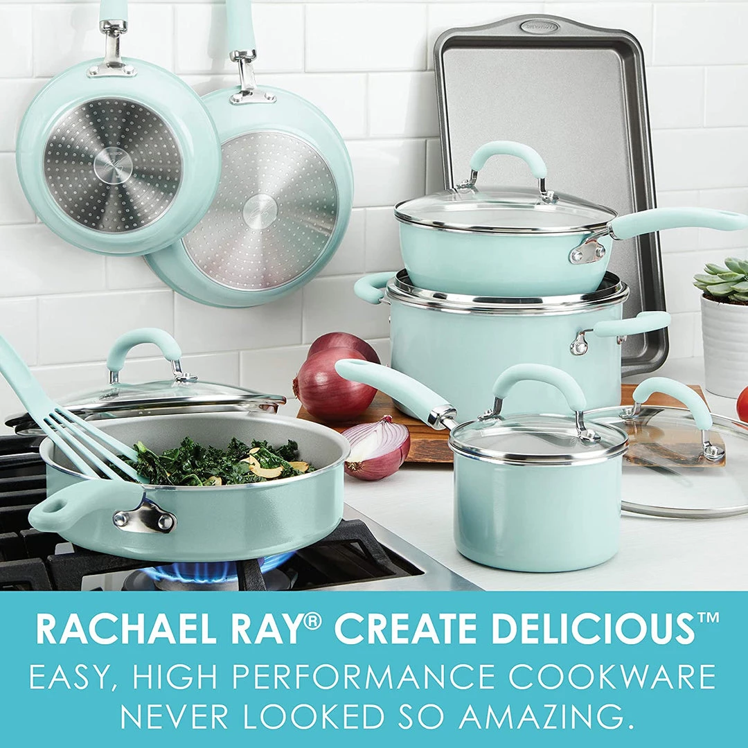 Rachael Ray Create Delicious Nonstick Cookware Pots And Pans Set, 13 Piece, Light Blue Shimmer 5 Rachael Ray Create Delicious Nonstick Cookware Pots And Pans Set, 13 Piece, Light Blue Shimmer